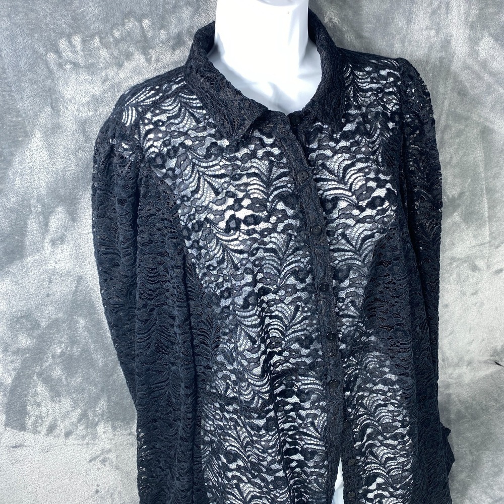 Torrid Women's Black Lace Button Up Blouse 1X Long Sleeve Sheer Gothic Romantic - Picture 4 of 10